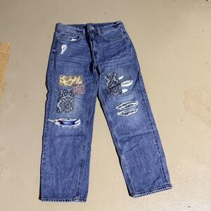 Lucky Brand Jeans womens 12 Blue Mid Rise Boyfriend Patchwork distressed Denim
